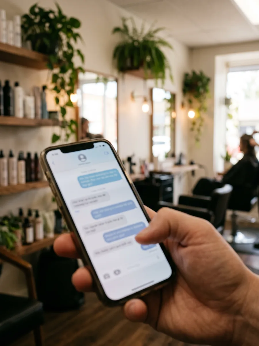 Mano sujetando un móvil con una conversación de chat en una peluquería